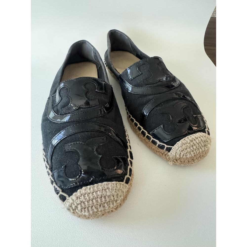 Tory Burch Espadrille Shoes Womens Size 10.5 Poppy Flats Black Canvas Logo - Picture 2 of 14